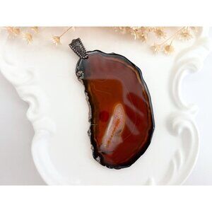 Rich Red Sliced Agate Geode Crystal Freeform Large Silver Toned Vintage Pendant
